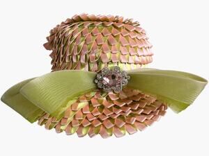 Whittall & Shon Pink Green Ribbon Derby Hat Rhinestone Bow 22.5" Made USA
